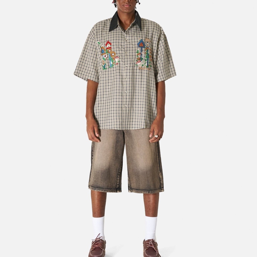 Aelfric Eden Plaid Embroidered‎ Shirt XL Denim Collar Birdhouse Streetwear
